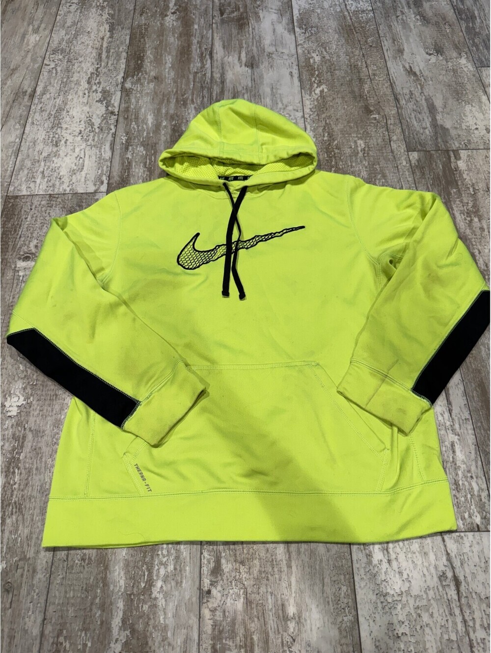 Nike L Therma Fit Neon Yellow Black Swoosh Hoodie